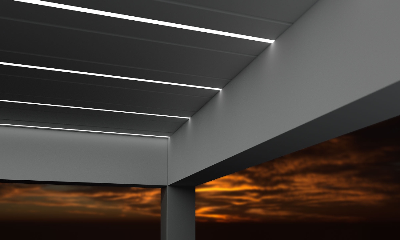 Pergola mit eingebauter LED-Beleuchtung an den Lamellen